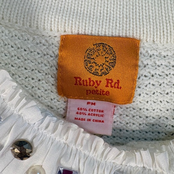 Ruby Rd Petite White Embellished Cardigan Ruffle Trim Pearl Crystal PM Sweater - Picture 2 of 7
